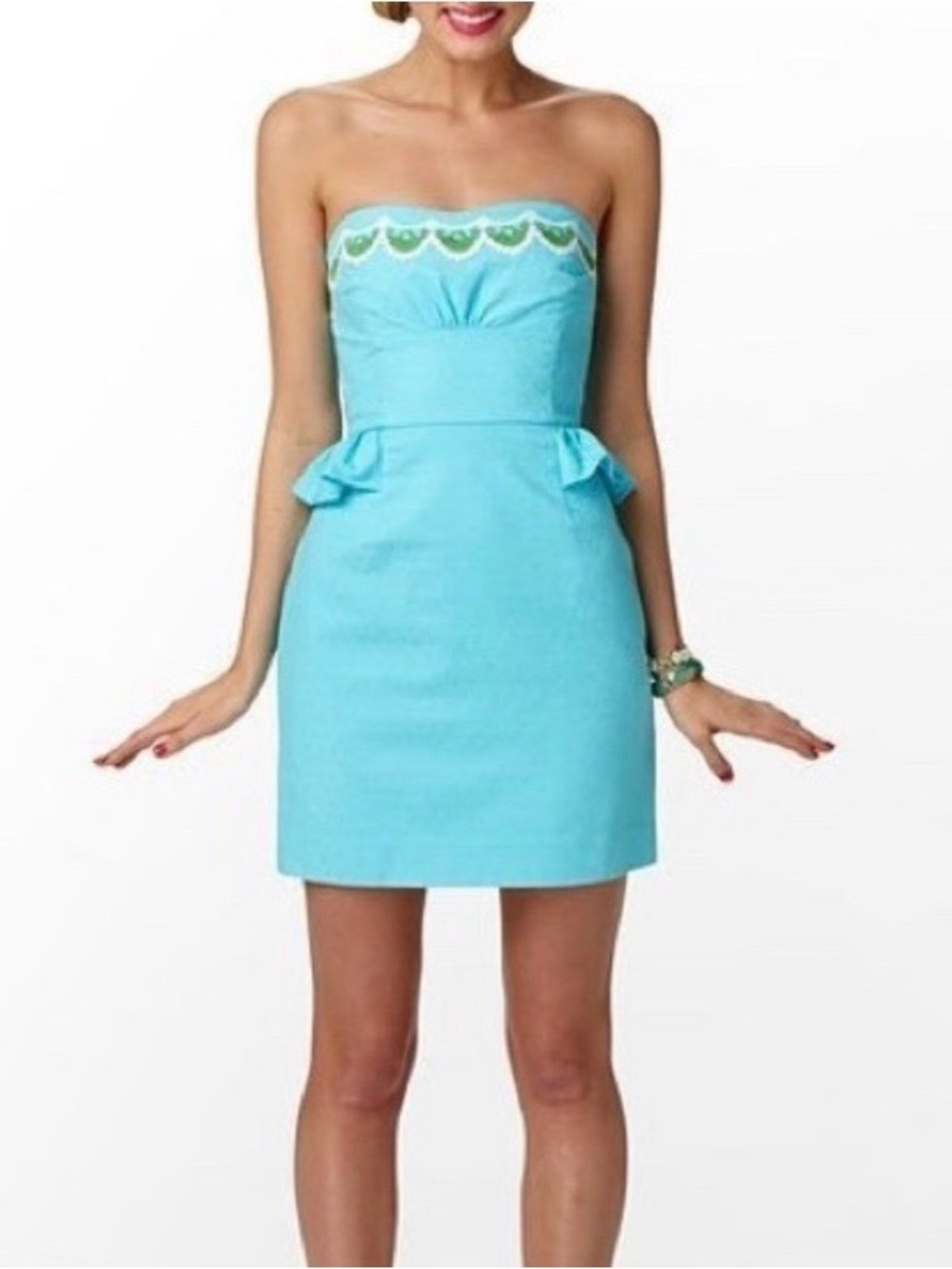 Lilly Pulitzer Maybell Strapless Aqua Scallop Trim Peplum Dress